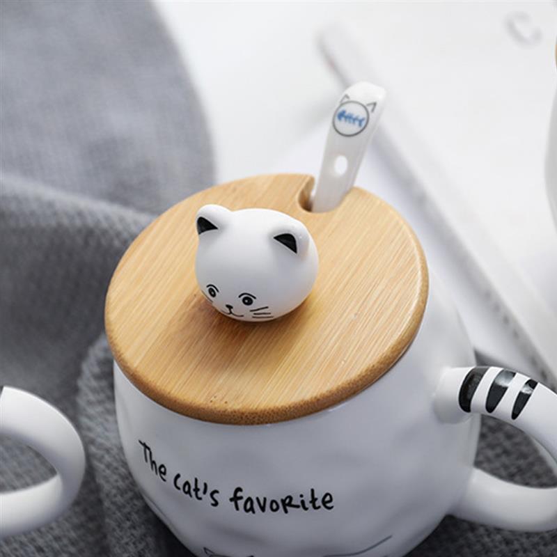 Creative Cat Coffee Mug Water Cup With Wood Lid and Spoon Lovely
