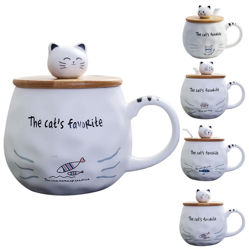 Creative Cat Coffee Mug Water Cup With Wood Lid and Spoon Lovely