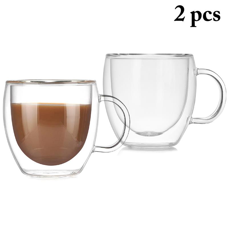 2PCS 5.1oz Transparent Glass Coffee Mug Creative Double Wall Lay
